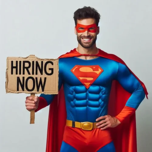 Superman proudly holds a hiring sign, embodying hope and the search for skilled individuals in today's employment landscape.jpeg